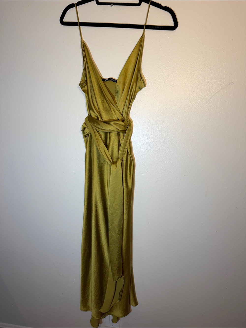 Zara Olive Chartreuse Satin Faux Wrap Silky Maxi Slip Dress Large Cocktail - Picture 4 of 12